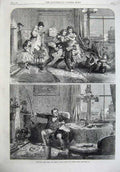 Old Antique Print Christmas Time Children Playing 1867 Grumpy Man Chair 19th