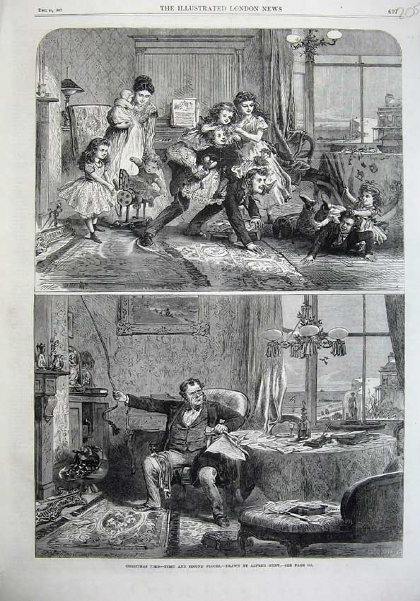 Old Antique Print Christmas Time Children Playing 1867 Grumpy Man Chair 19th