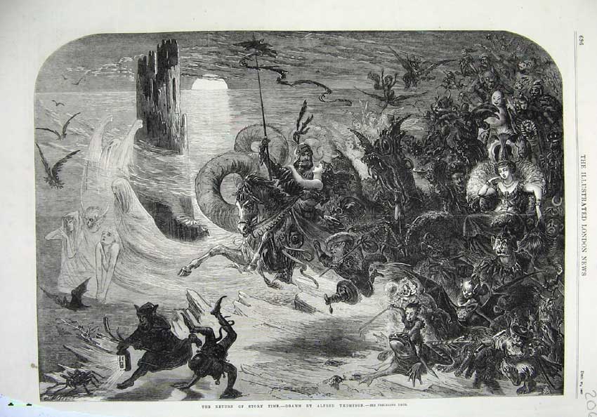 Original Old Antique Print Fine Art 1867 Story Time Characters Castle Moonlight