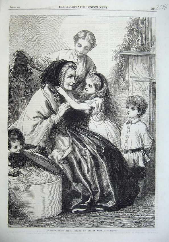 Old Antique Print 1867 Children Grandma Sitting Chair Toys Christmas Art 19th