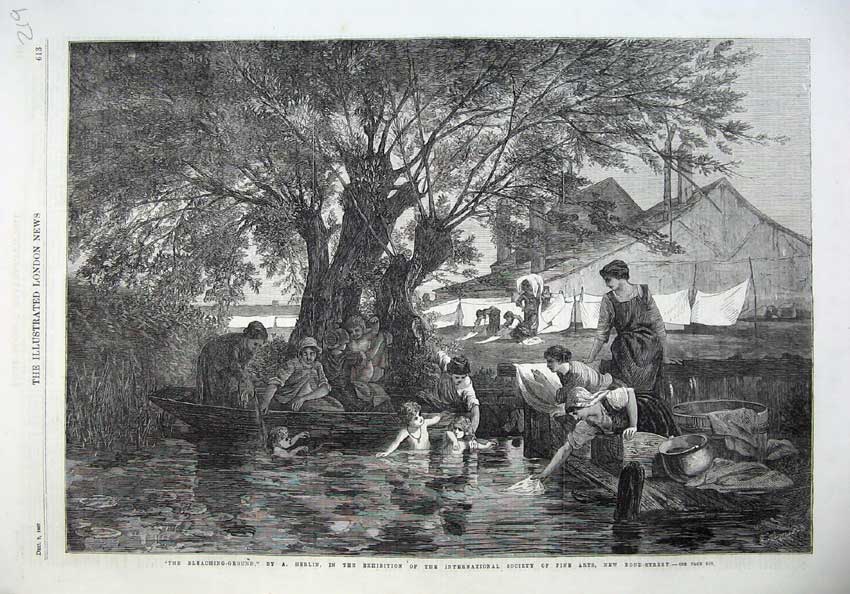 Old Antique Print 1867 Women Children Boats River Washing Fine Art Herlin 19th