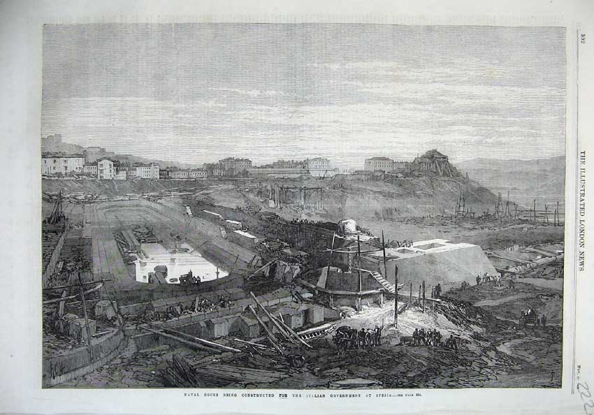 Original Old Antique Print 1867 Fine Art Naval Docks Italian Government Spezia