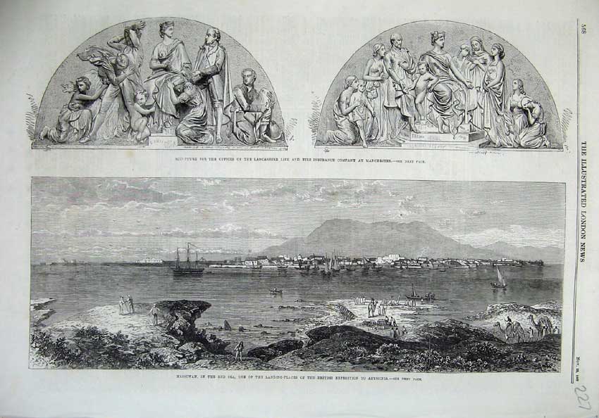 Original Old Antique Print 1867 Massowah Red Sea Abyssinia Sculpture Manchester