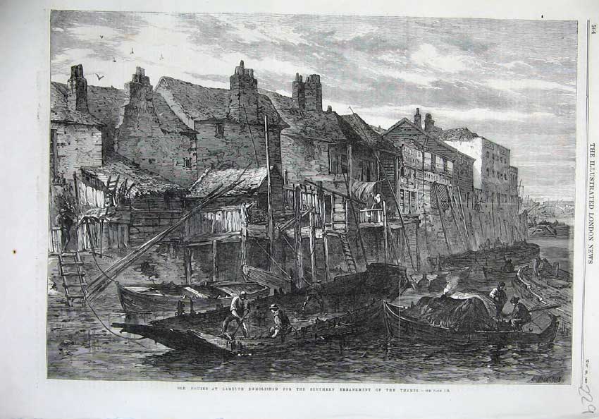 Original Old Antique Print 1867 Fine Art Houses Lambeth River Thames Boats 19th