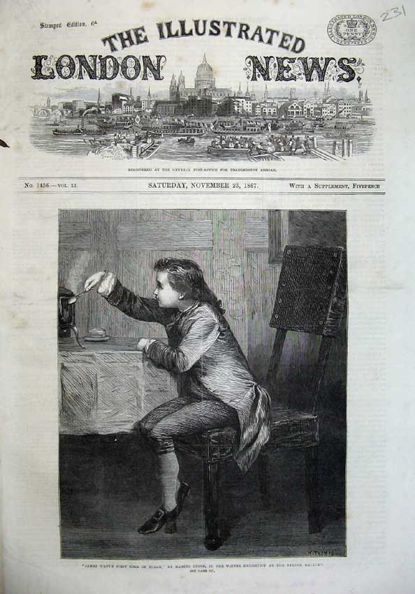 Old Antique Print 1867 Fine Art James Watt'S Idea Steam Boy Marcus Stone 19th