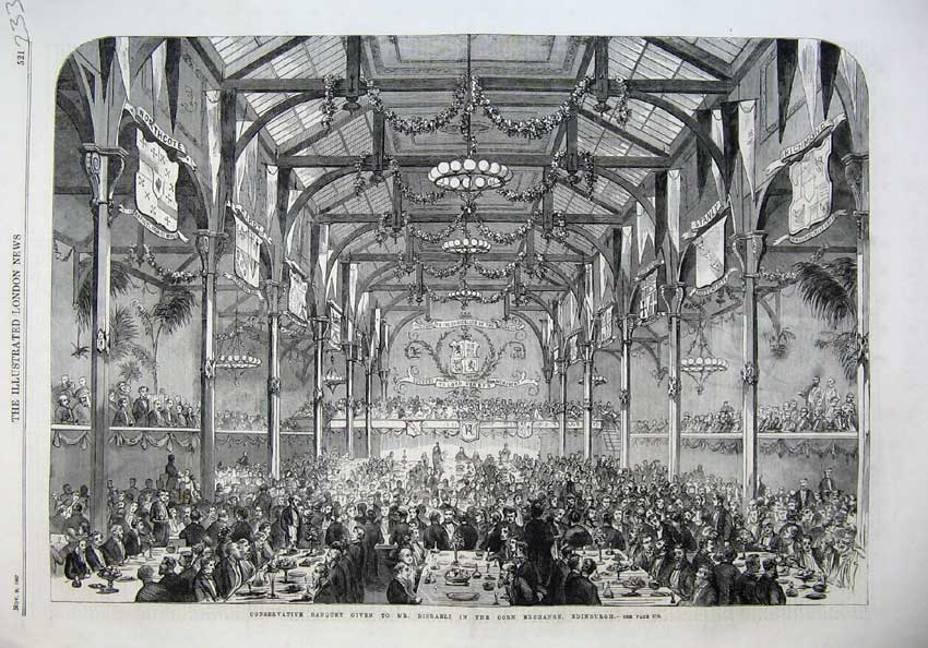 Original Old Antique Print 1867 Banquet Disraeli Corn Exchange Edinburgh Dinner