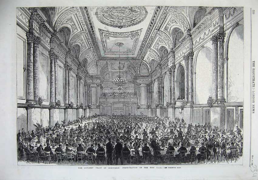 Old Antique Print 1867 Cutler'S Feast Sheffield Inauguration New Hall Art 19th