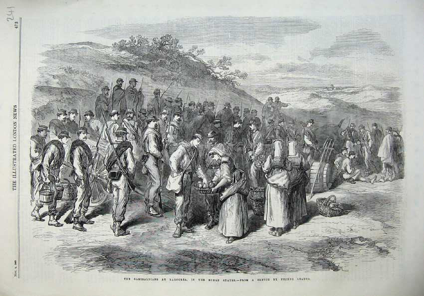 Old Antique Print 1867 Garibaldians Bangnorea Roman States War Army Art 19th