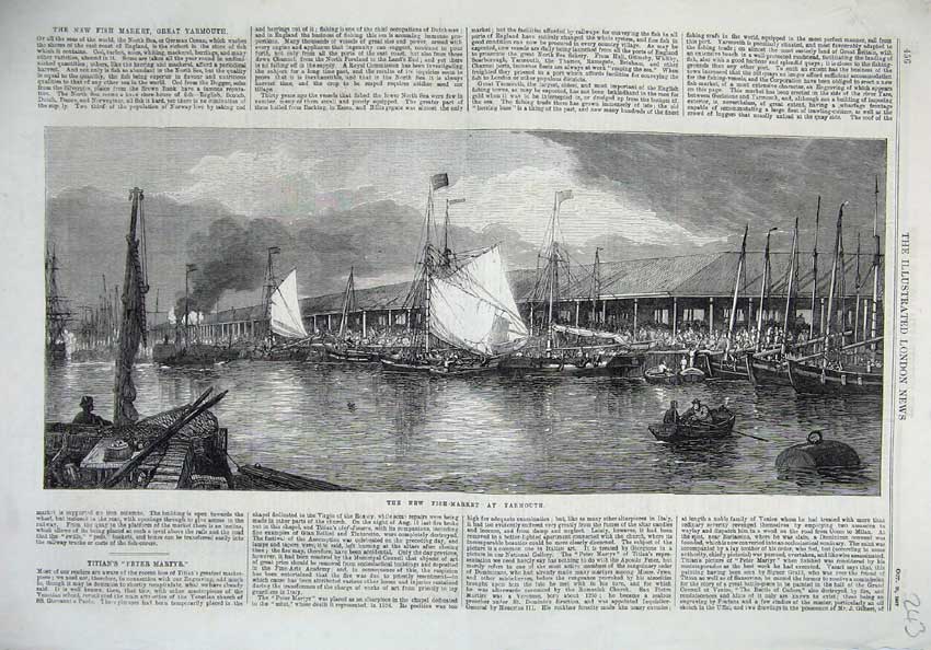 Original Old Antique Print 1867 New Fish Market Yarmouth Fine Art Sailing Ships
