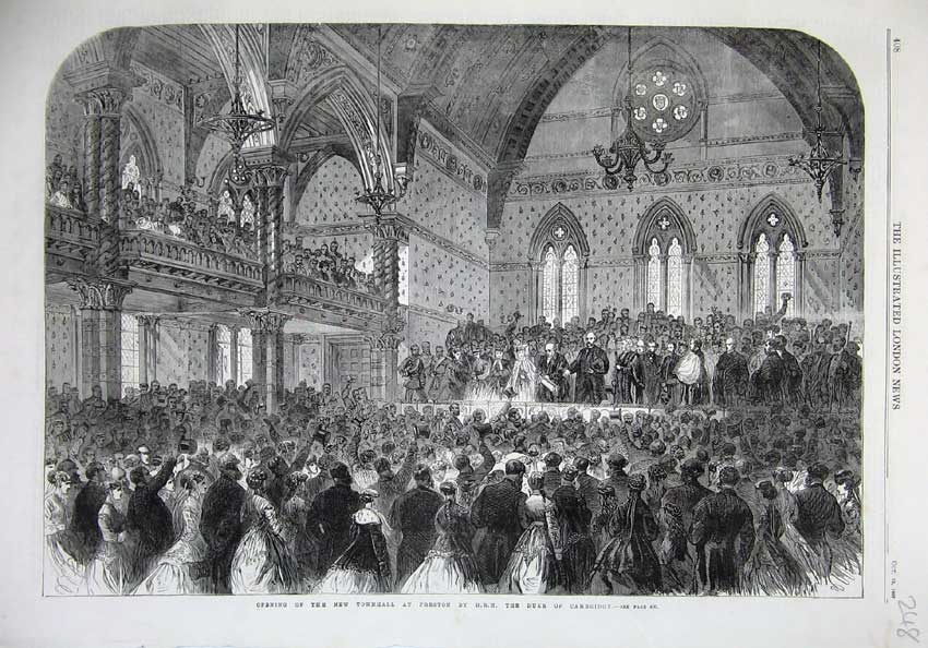 Original Old Antique Print 1867 New Townhall Preston Duke Cambridge Fine Art