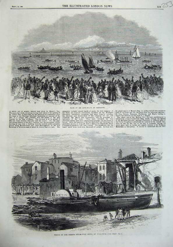 Old Antique Print 1867 Life Boats Penzance Wreck Steam Metis Woolwich Art 19th