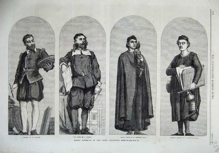 Old Antique Print 1867 Mosiac Portraits Kensington Museum Palissy Jones 19th