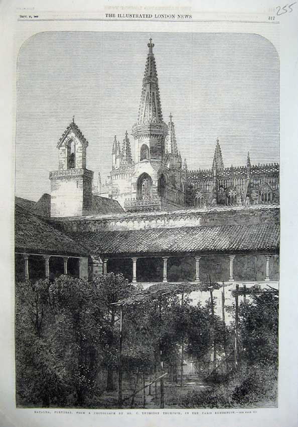 Old Antique Print Fine Art 1867 Batalha Portugal Building Church Thompson 19th