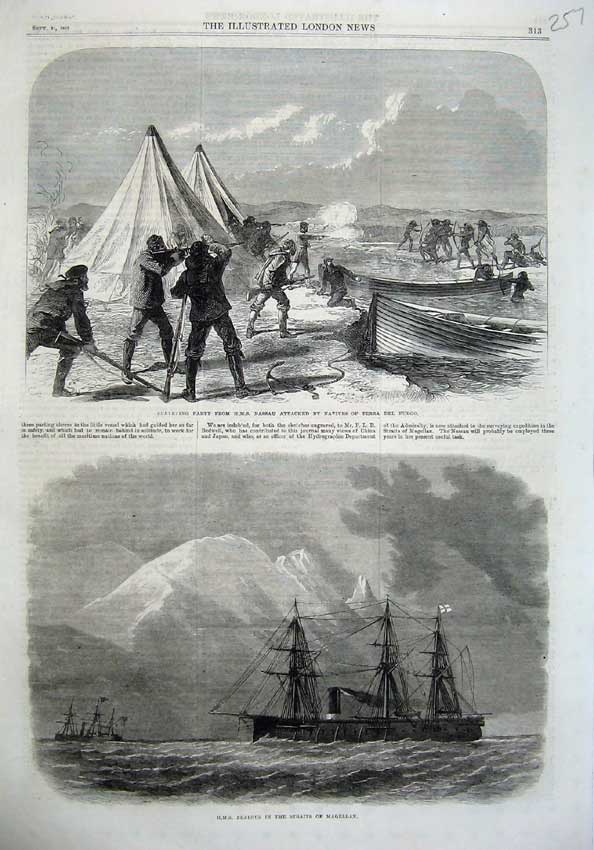 Old Antique Print Ship Zealous Straits Magellan 1867 Natives Terra Fuego 19th