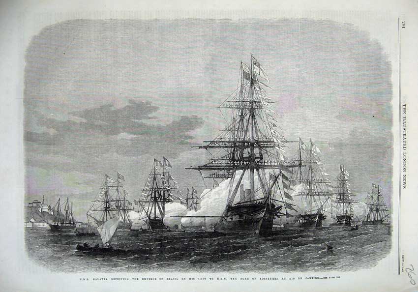 Old Antique Print 1867 Ship Galatea Emperor Brazil Duke Edinburgh Janeiro 19th