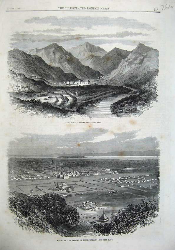 Old Antique Print 1867 Tassangsee Bhootan Mandalay Town Burmah Mountains 19th