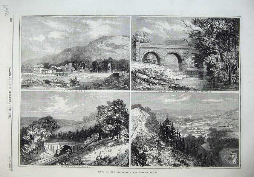 Old Antique Print 1867 Leatherhead Dorking Railway Bridge Humble Dorking 19th