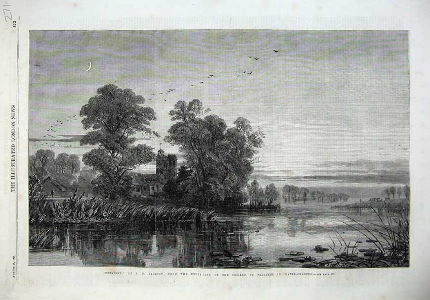 Old Antique Print 1867 Twilight House Trees Lake Birds Moonlight Fine Art 19th