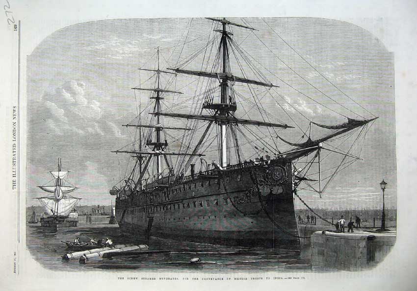 Old Antique Print Screw Steamer Ship Euphrates British Troops India 1867 19th
