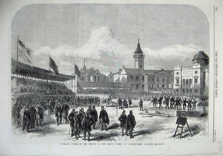 Old Antique Print 1867 Highland Sports Celtic College Green Glasgow Art 19th