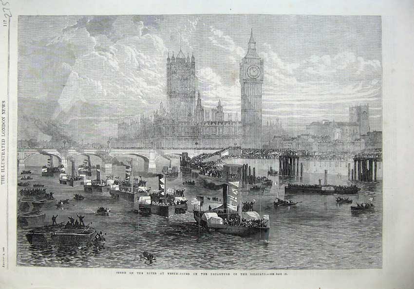 Old Antique Print Scene River Westminster Bridge Belgian Ships Boats 1867 19th