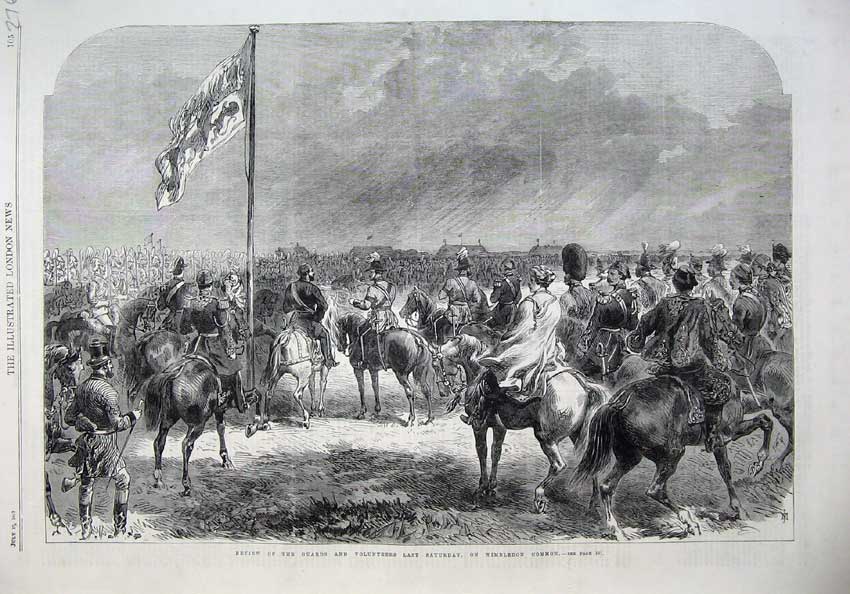 Original Old Antique Print 1867 Guards Ta Army Wimbledon Common Horses War Art