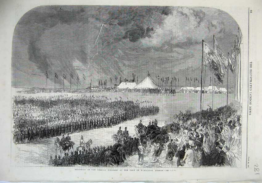 Old Antique Print 1867 Reception Belgian Riflemen Camp Wimbledon Common 19th