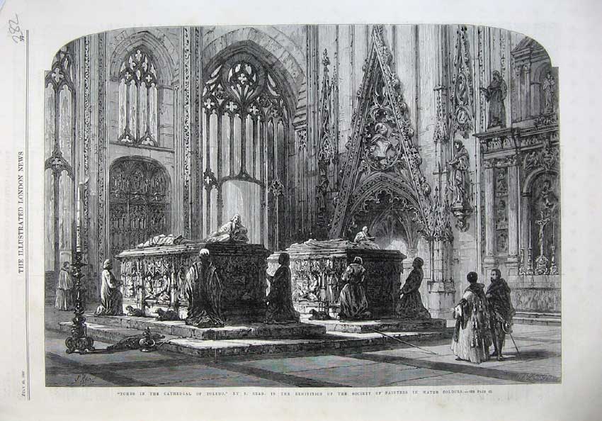 Original Old Antique Print 1867 Tombs Cathedral Toledo Church People Fine Art