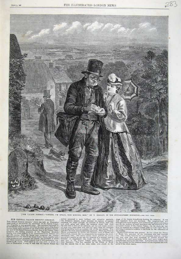Old Antique Print Fine Art 1867 Village Postman Houses Trees Dog Hemsley 19th