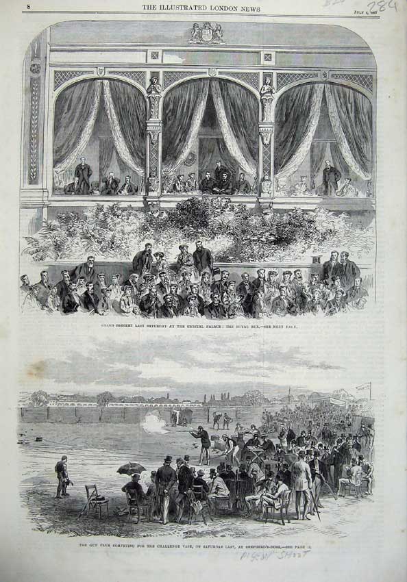 Old Antique Print 1867 Concert Crystal Palace Royal Box Gun Shepherds Art 19th
