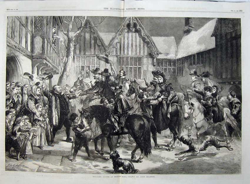 Old Antique Print Guests Mardon Hall 1867 Horses Dog People John Gilbert 19th