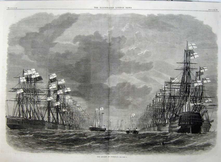 Old Antique Print 1867 War Sailing Ships Review Spithead Flags Fine Art 19th