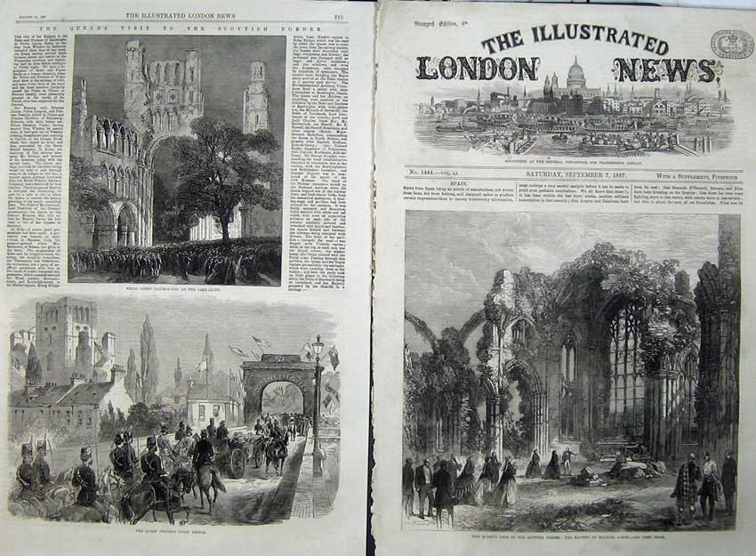 Antique Old Print 1867 Melrose Abbey Queen Kelso Bridge Scotland Fine Art 19th