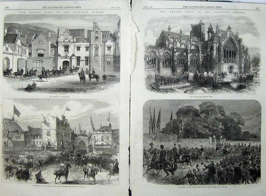 Antique Old Print 1867Queen Scotland Melrose Abbey Floors Castle Jedburgh 19th