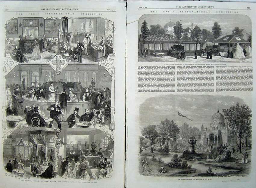 Old Antique Print Paris Exhibition 1867 Prussian Gardens Pavilion CafÇ 19th