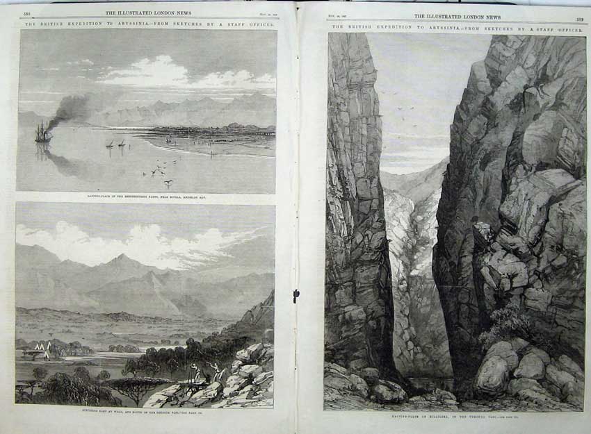 Old Antique Print 1867 Abyssinian Camp Weah Tekonda Pass Hilaileea Bay 19th
