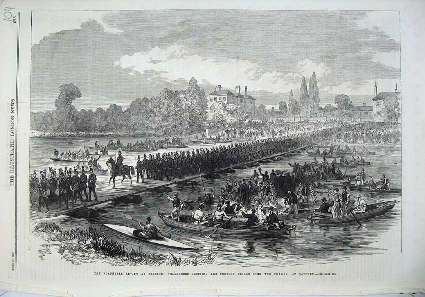 Old Antique Print 1868 Ta Army Review Windsor Pontoon Bridge Thames River 19th