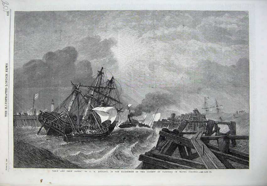 Old Antique Print 1868 Ship Crew Sailing Stormy Sea Life-Boat Andrews Art 19th