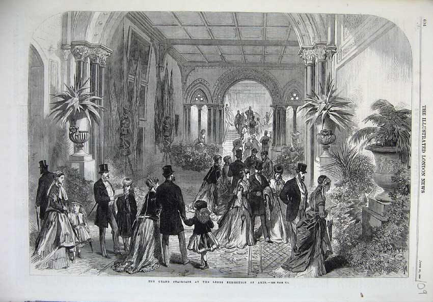 Original Old Antique Print 1868 Grand Staircase Leeds Exhibition Arts People