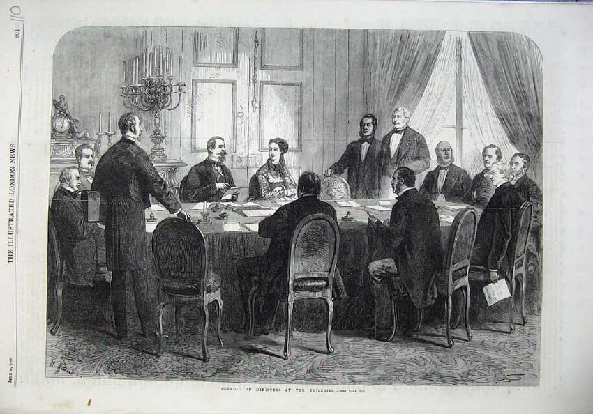 Original Old Antique Print 1868 Fine Art Council Ministers Tuileries Men Table