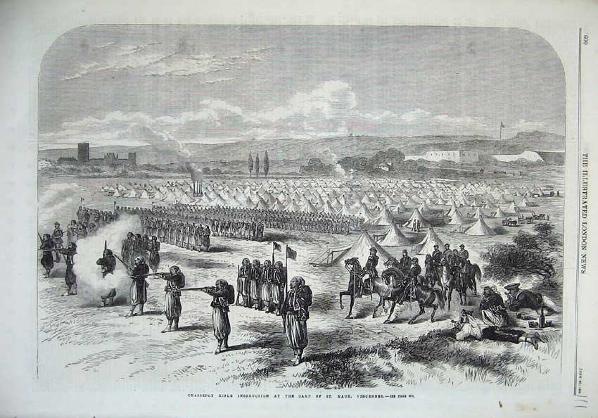 Old Antique Print 1868 Chassepot Rifle Instruction Camp St Maur Vincennes 19th