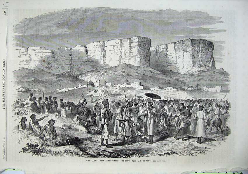 Old Antique Print 1868 Abyssinian Expedition Weekly Fair Antalo Mountains 19th