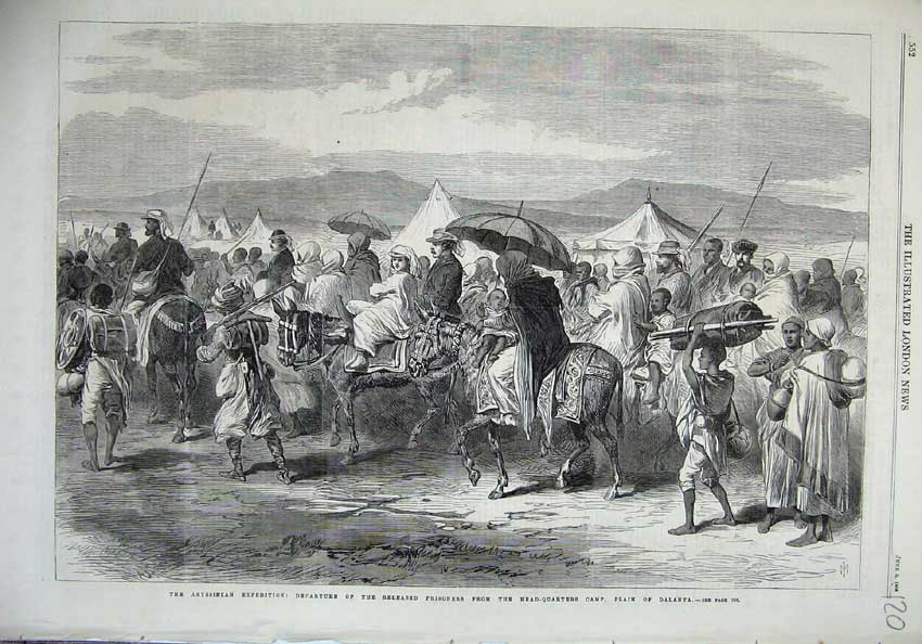 Old Antique Print 1868 Abyssinian Prisoners Camp Plain Dalanta War Donkey 19th