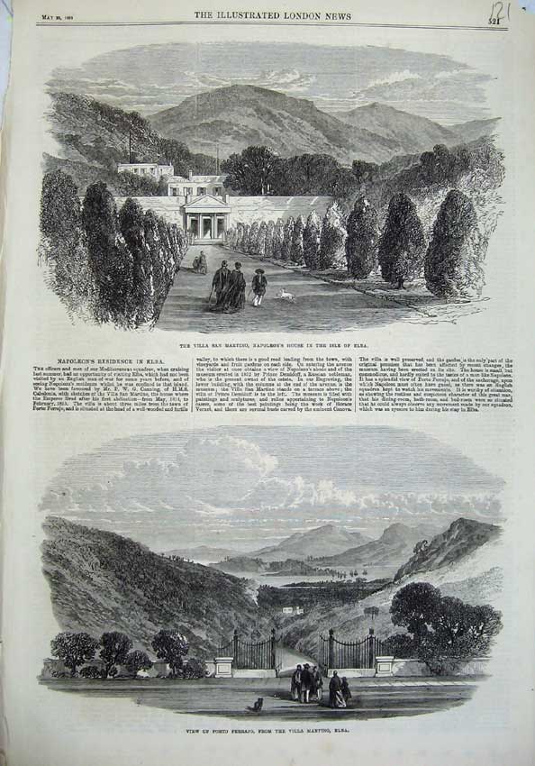 Old Antique Print 1868Villa Martino Napoleon House Isle Elba Port Ferrajo 19th