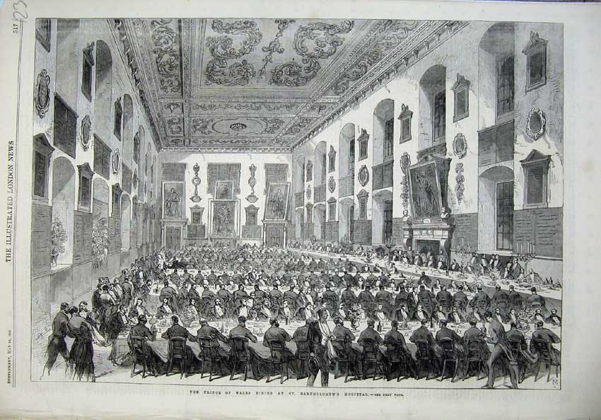 Original Old Antique Print Prince Wales Dining Bartholomew'S Hospital 1868 19th