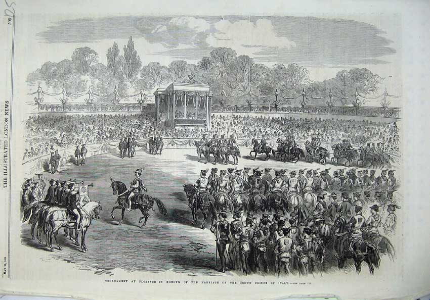 Original Old Antique Print 1868 Tournament Florence Marriage Crown Prince Italy
