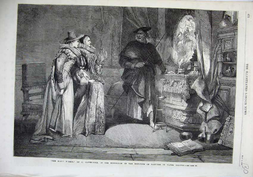 Original Old Antique Print 1868 Magic Mirror Man Women Costumes Cattermole Art