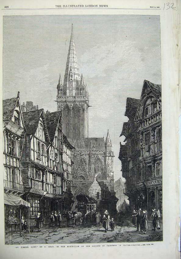 Old Antique Print 1868 Street St Pierre Caen France Horse Coach Fine Art 19th