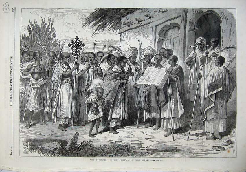 Old Antique Print 1868 Abyssinian Church Festival Palm Sunday Natives Art 19th