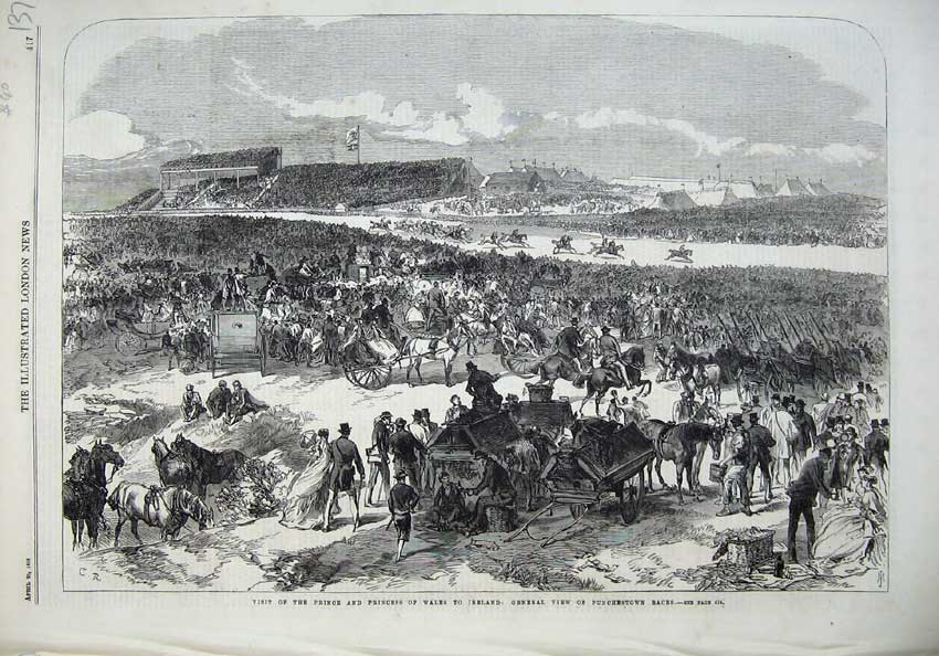Original Old Antique Print 1868 Prince Wales Ireland Punchestown Horse Races